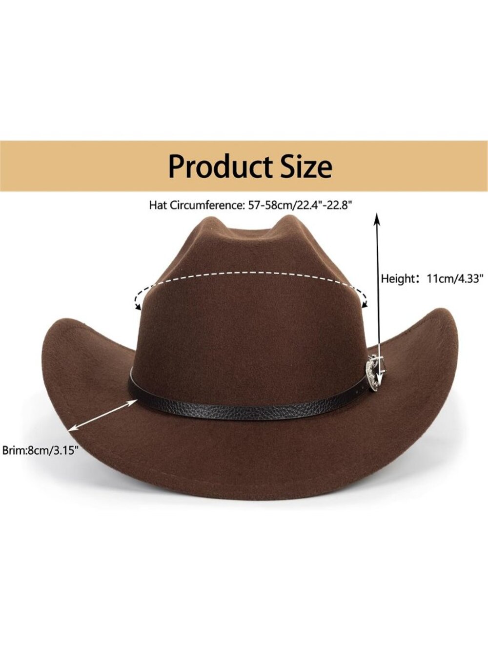 Unisex Brown 1 Western Cowboy Hat Classic Roll Up Fedora Hat with Buckle Belt - Picture 7 of 7